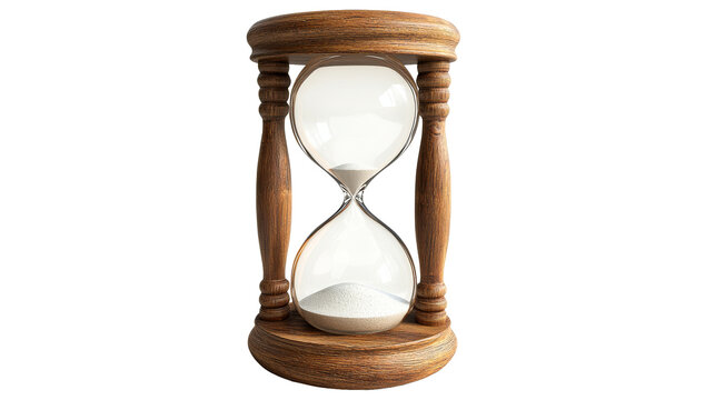 Classic wooden sand timer with pouring grains, cut out transparent