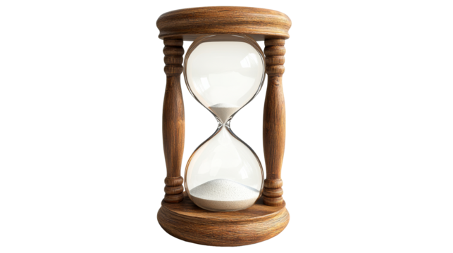 Classic wooden sand timer with pouring grains, cut out transparent