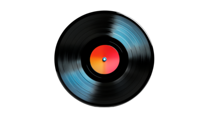 Vintage vinyl record with colorful center label, cut out transparent