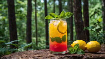 a photo of a colorful lemon mocktail can with mint leaves with a forest background.
