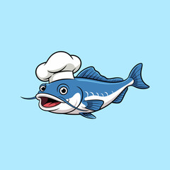 Humorous Cartoon Blue Fish Wearing a Chef's Hat Mascot for Seafood or Restauran