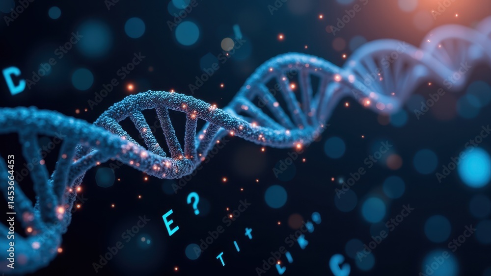 Poster intricate dna helix with abstract background and digital elements