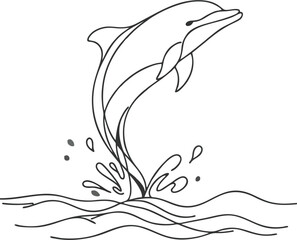 Minimalist line drawing of a dolphin splashing water in a pool, smooth clean curves