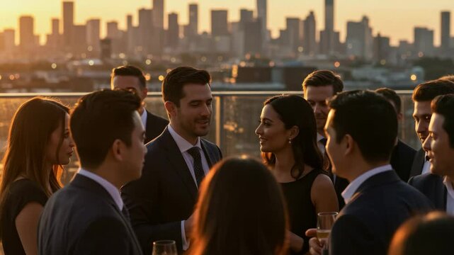 Friends enjoy a lively conversation at a rooftop bar as the sun sets behind the city skyline