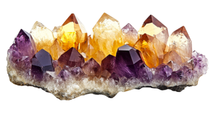 Amethyst and Citrine crystal cluster, gemstone mineral specimen, cut out transparent