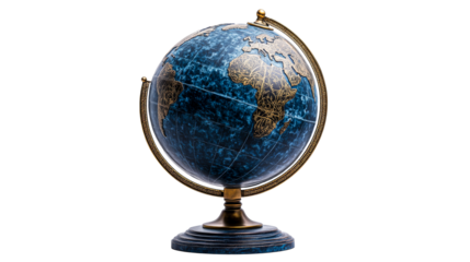 Vintage globe with gold continents and ocean detail, cut out transparent
