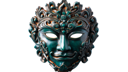 Intricate decorative teal green mask, ornate design, cut out transparent