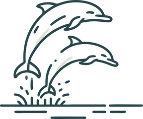 Naklejka premium Minimalist line art illustration of dolphins leaping, simple smooth lines