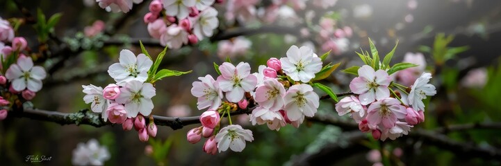 Obraz premium Close-up of cherry blossoms in full bloom with dewdrops and soft morning light – Evoking tranquility and the feeling of a fresh start.