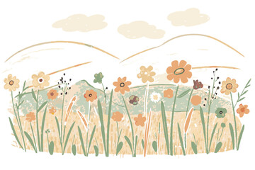 Colorful Wildflowers Blooming in a Serene Landscape with Rolling Hills and Soft Clouds Representing Nature's Beauty and Tranquility