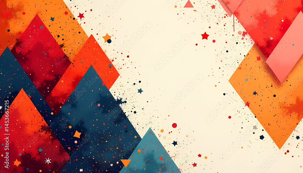 Poster a colorful and dynamic abstract background with geometric shapes and confetti particles.