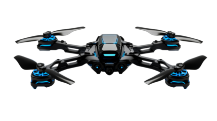 Modern quadcopter with blue illumination, cut out transparent