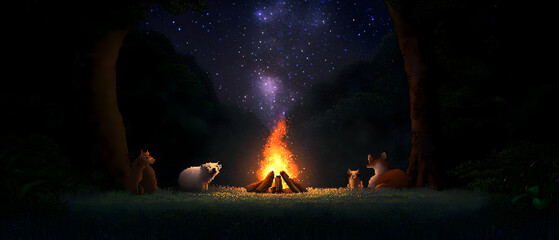 Pixel Art Campfire Scene Under Starry Night