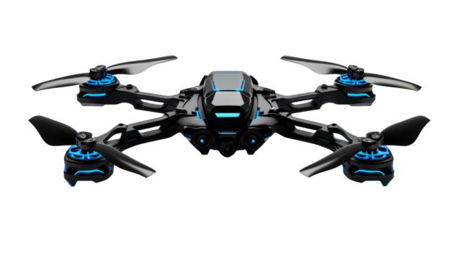 Modern quadcopter with blue illumination, cut out transparent