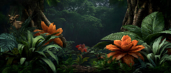 Tropical Forest Scene With Deer And Orange Flowers