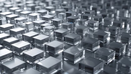Obraz premium Neatly Arranged Translucent Blocks on Grey Modern Tech Background for Sleek and Futuristic Design Projects