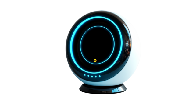 Modern oval device with glowing turquoise rings, cut out transparent