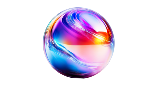 Chromatic fluid orb with iridescent hues, cut out transparent