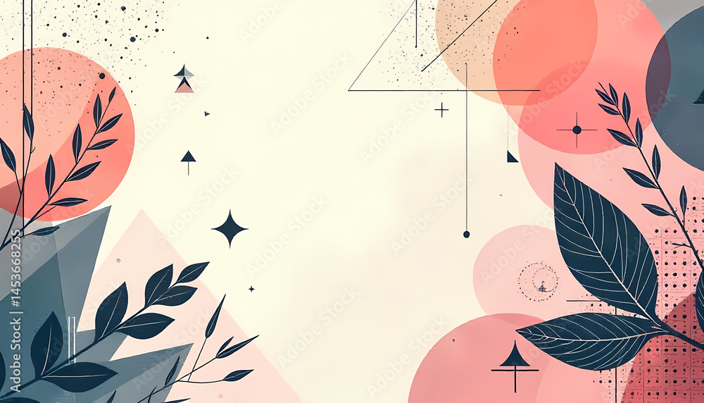 Poster stylish abstract artwork combining geometric shapes with floral elements in a soft, neutral color sc