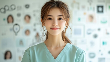 A young woman with a gentle smile, wearing a light teal scrub top, poses against a wall adorned with various images and sketches