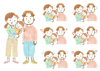 幼い男の子を抱っこしたママとパパの表情セット