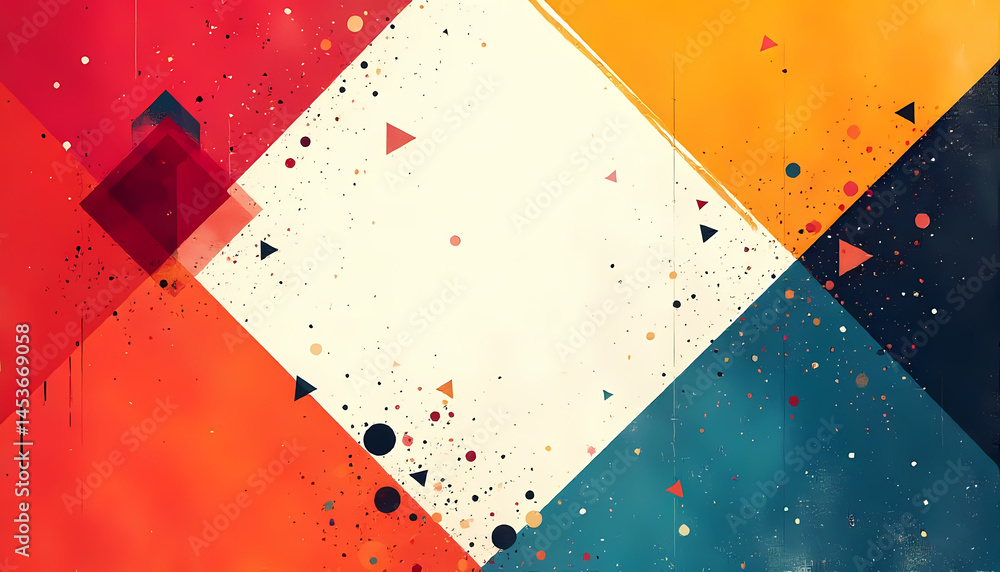Poster vibrant abstract geometric composition with diverse shapes and color gradients in a modern style.