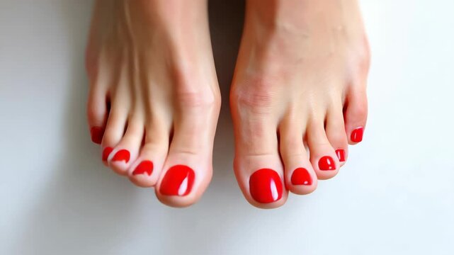 Pair of red painted toenails. The nails are painted with a bright red color, and they are the main focus of the image. The nails are positioned in such a way that they are almost the same size