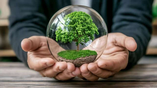Hands cradle a glass sphere containing a miniature tree and grass, symbolizing environmental protection and conservation