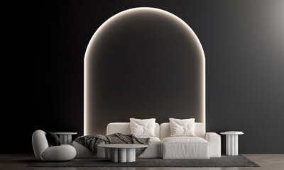 The modern living room interior design and black arch pattern wall background and cozy white sofa decoration. 3D rendering.