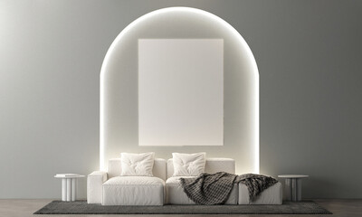 The modern living room interior design and grey arch pattern wall background and cozy white sofa decoration and canvas frame. 3D rendering.