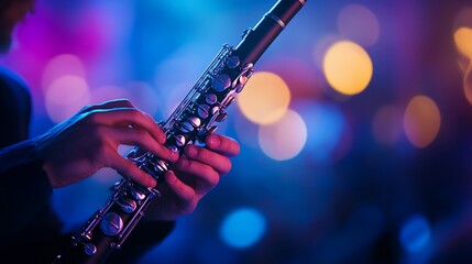 Fototapeta premium Close-up of a Clarinetist Performing with Bokeh Effect and Vivid Lighting