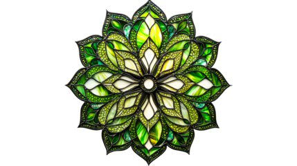 Floral stained glass style pattern with vibrant green hues, cut out transparent