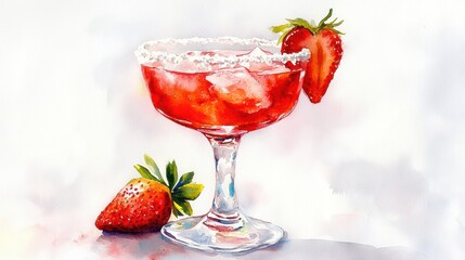 Watercolor of Strawberry Margarita summer cocktail drink with silver tequila, lime juice, liqueur,fresh berries,ice in glass with salt rim,daiquiri cocktail with lime and rum,menu drink.