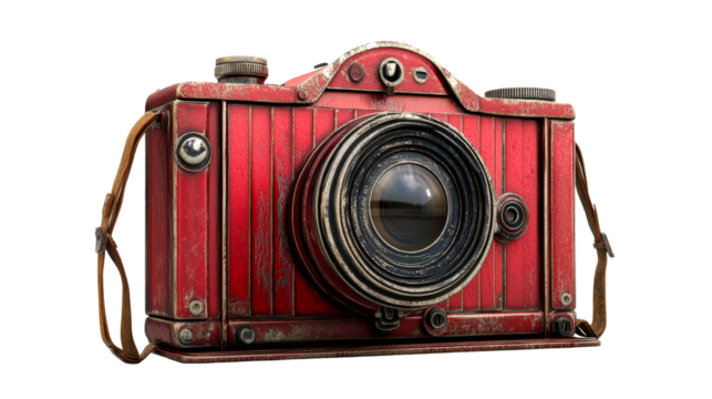 Vintage style red camera with strap, cut out transparent