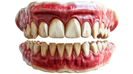 Complete dentures showcasing gums and teeth, cut out transparent