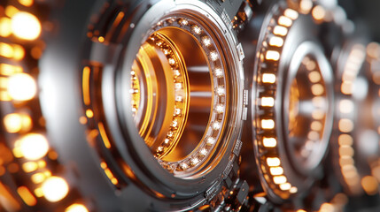 Fototapeta premium Close up view of intricate metallic machinery with glowing lights, showcasing advanced technology and engineering marvels