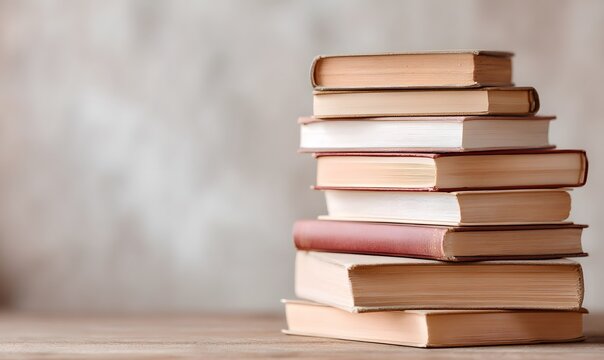 composition featuring a tall stack of books piled unevenly on top of each other, Generative AI