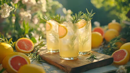 glasses of lemonade with a garnish of lemon slices and rosemary