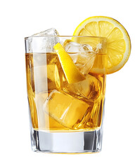Lemon Tea in Clear Glass Tumbler with Ice and Lemon Slices, Close-Up on White Background