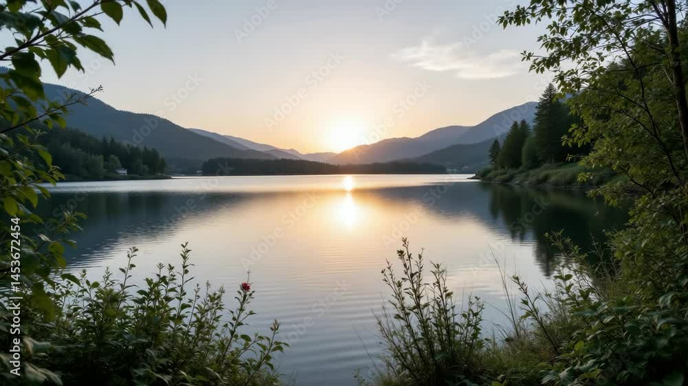 Poster a calm lake with surrounding trees and distant mountains is illuminated by the soft light of a setti