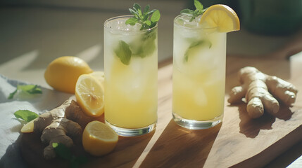 glasses of lemonade with a garnish of lemon slices and rosemary