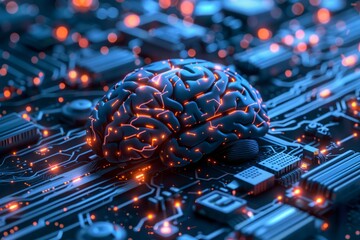 Futuristic Brain on Circuit Board with Glowing Connections and Lights