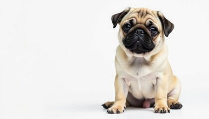 Obraz premium Adorable pug dog sitting, isolated on white background, wrinkles, breed, funny