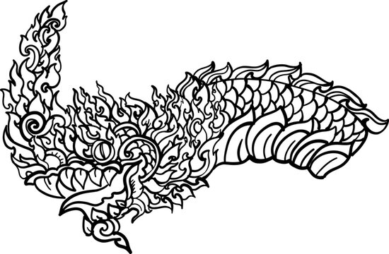 black-and-white illustration of a mythical dragon-naga hybrid face. The artwork combines the fierce expression of a Chinese dragon with the ornamental flames, scales,