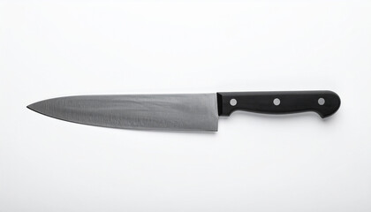 Kitchen knife on white backdrop. Flat lay. Top view.