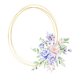 Flowers gold frame border. Watercolor hand painting floral wreath with place for text with bouquet peonies. Isolated on white background.