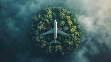Elevated view of airplane over a circular forest island.