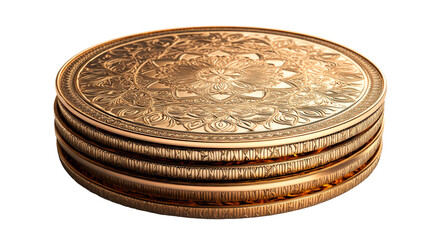 Ornate, golden coin stack with detailed floral design, cut out transparent