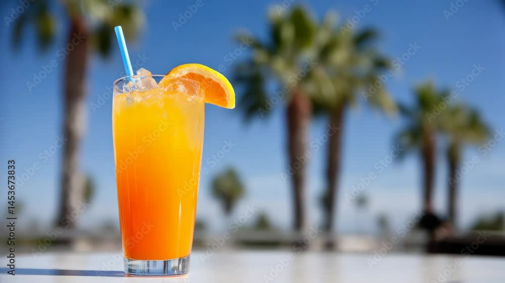Poster glass of orange juice with a straw in it is sitting on a table. the image has a bright and cheerful 