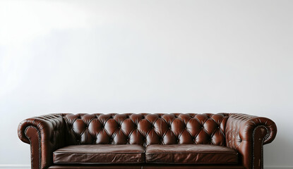 A brown leather sofa against an empty white wall, creating a vintage and timeless aesthetic.